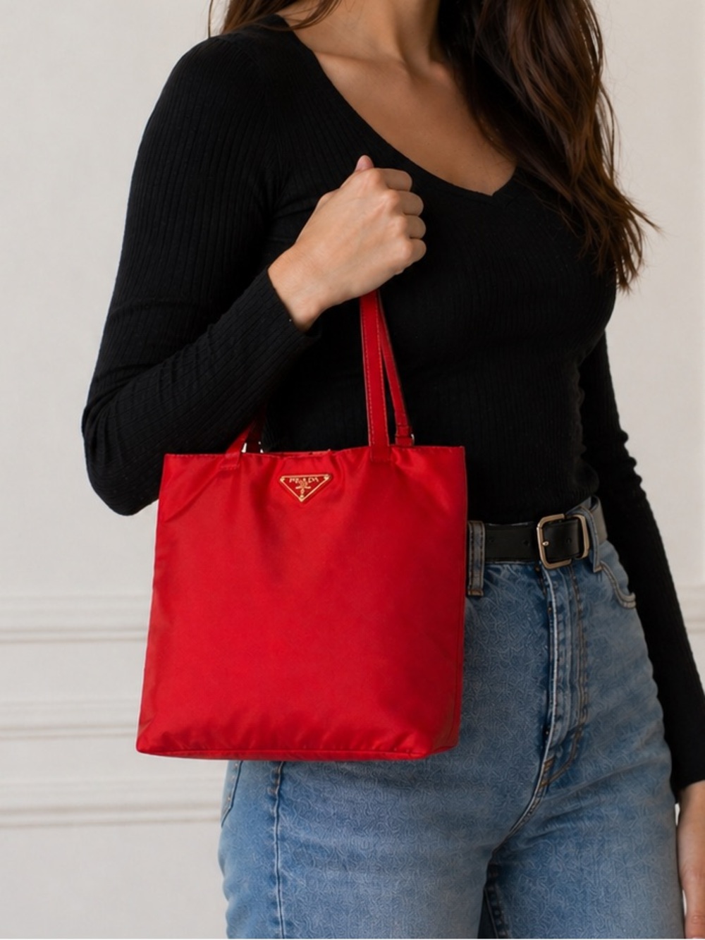 Prada Tessuto Nylon & Leather Shoulder Tote Bag Red & Gold